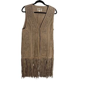 Scully Genuine Leather Laser Cut Boho Fringe Longline Vest Cardigan Women’s L